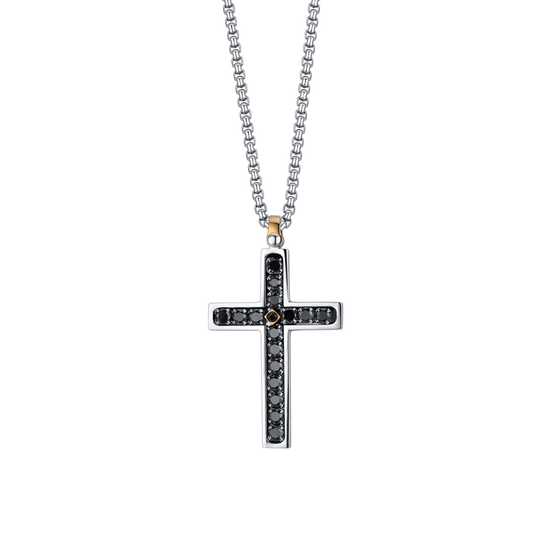 COLLAR CRUZ DE HOMBRE DE ACERO CON CRISTALES NEGROS