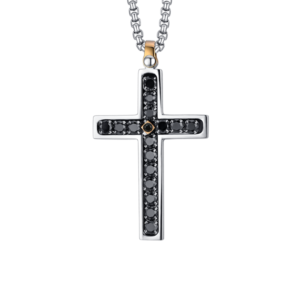 COLLAR CRUZ DE HOMBRE DE ACERO CON CRISTALES NEGROS