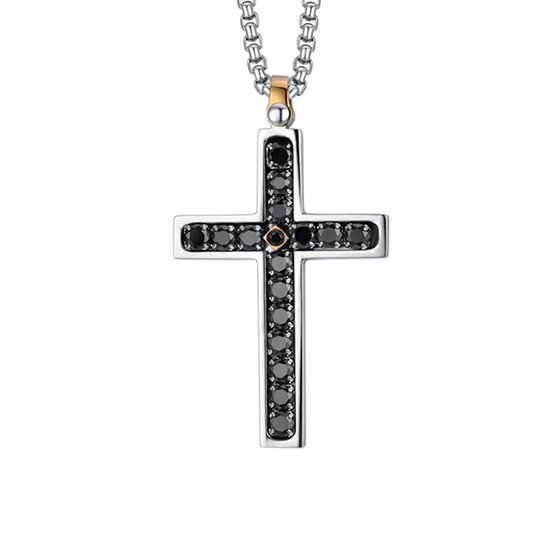 COLLAR CRUZ DE HOMBRE DE ACERO CON CRISTALES NEGROS