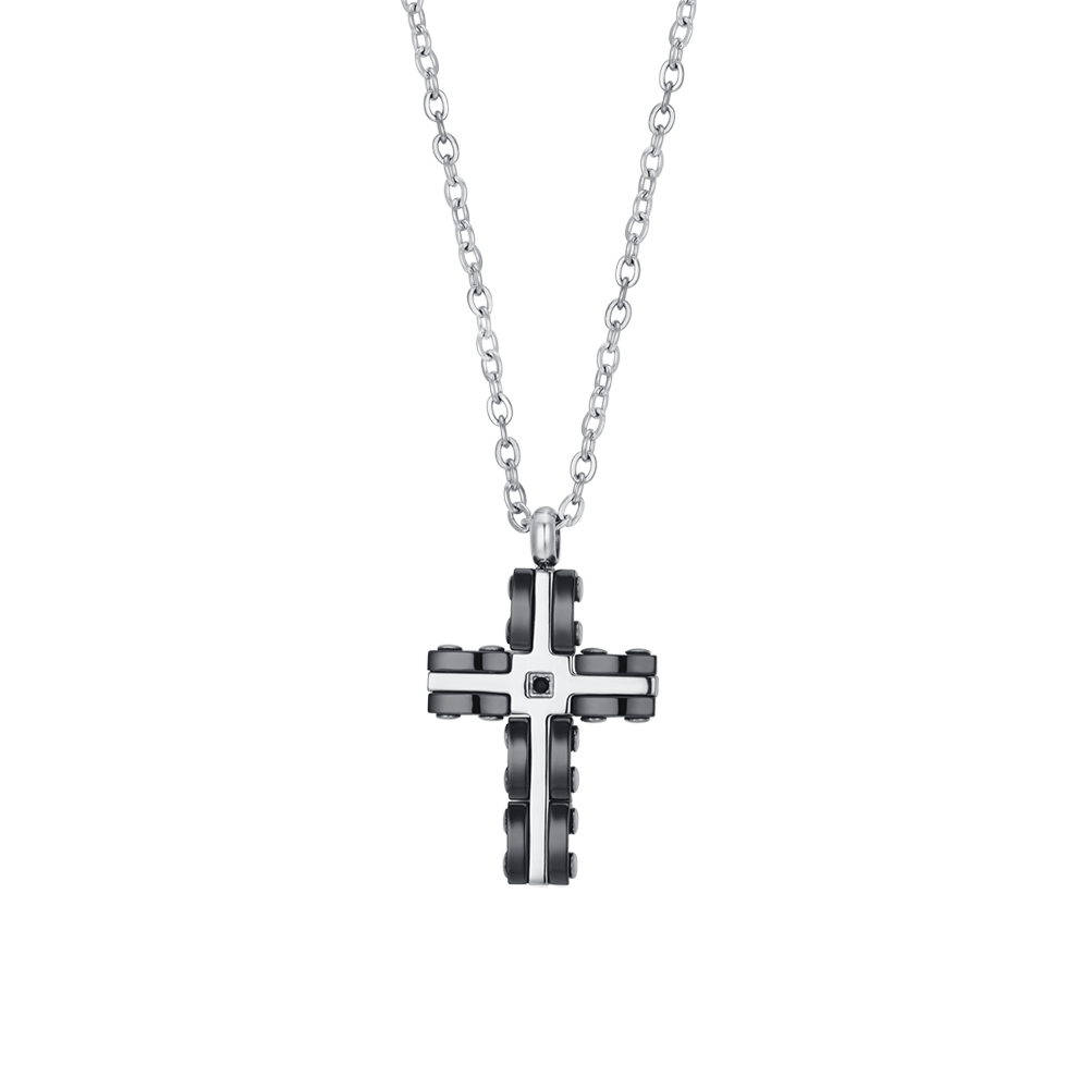 COLLAR CRUZ DE HOMBRE EN ACERO Y CERÁMICA NEGRA
