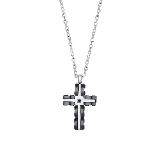 COLLAR CRUZ DE HOMBRE EN ACERO Y CERÁMICA NEGRA