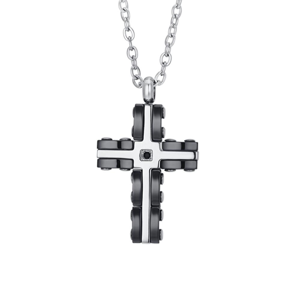 COLLAR CRUZ DE HOMBRE EN ACERO Y CERÁMICA NEGRA