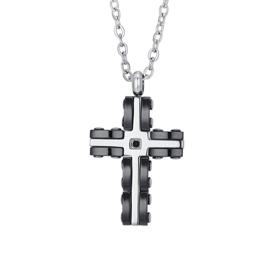 COLLAR CRUZ DE HOMBRE EN ACERO Y CERÁMICA NEGRA