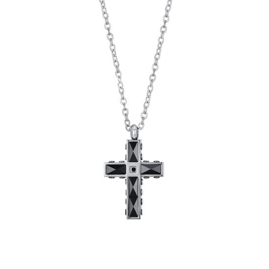 COLLAR CRUZ DE HOMBRE DE ACERO Y CERÁMICA NEGRA CON CRISTAL NEGRO
