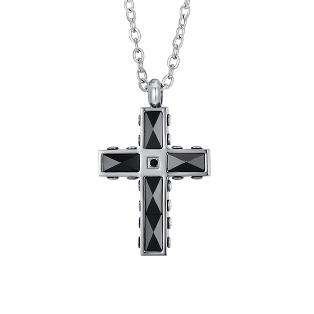 COLLAR CRUZ DE HOMBRE DE ACERO Y CERÁMICA NEGRA CON CRISTAL NEGRO