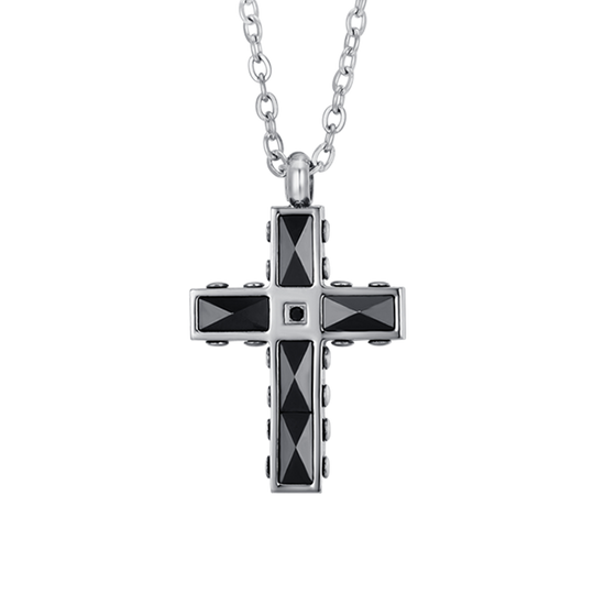 COLLAR CRUZ DE HOMBRE DE ACERO Y CERÁMICA NEGRA CON CRISTAL NEGRO