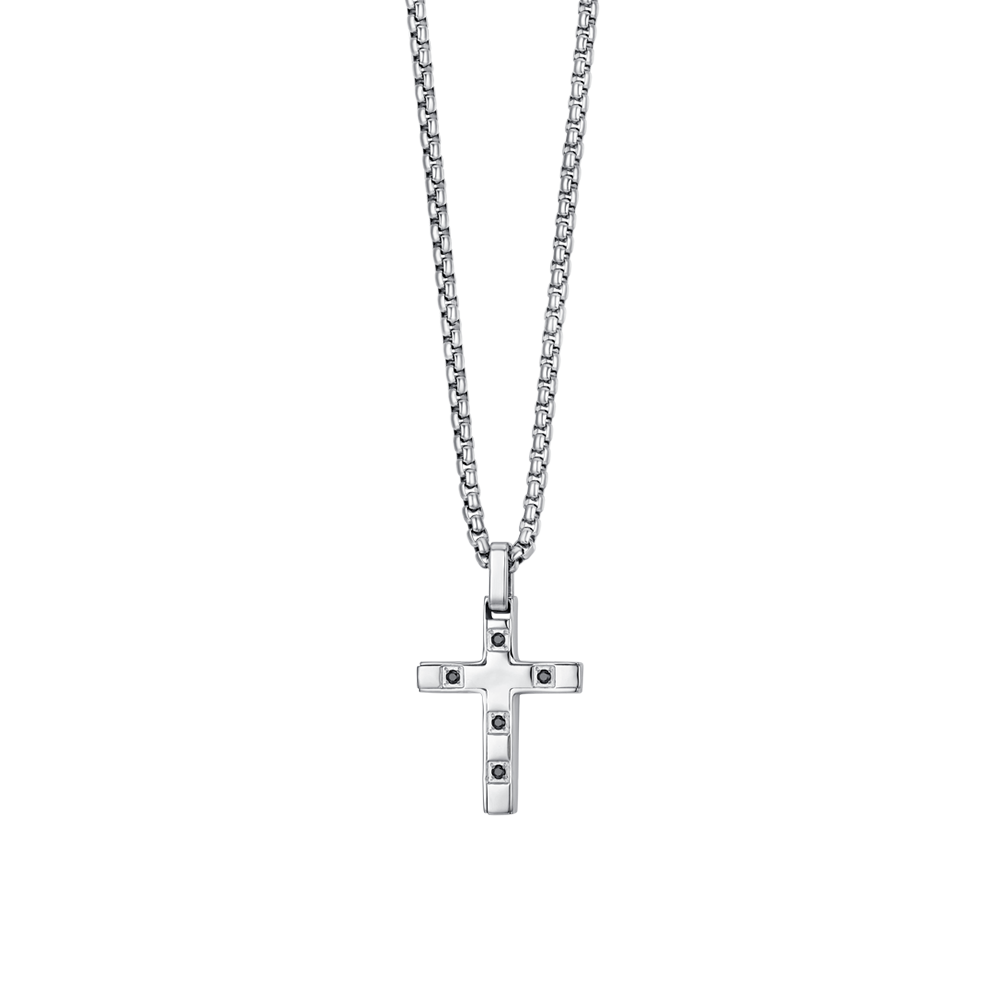 COLLAR CRUZ DE HOMBRE DE ACERO CON CRISTALES NEGROS
