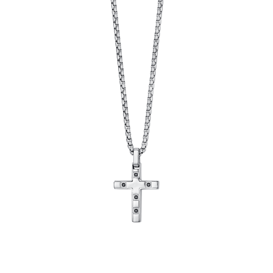 COLLAR CRUZ DE HOMBRE DE ACERO CON CRISTALES NEGROS