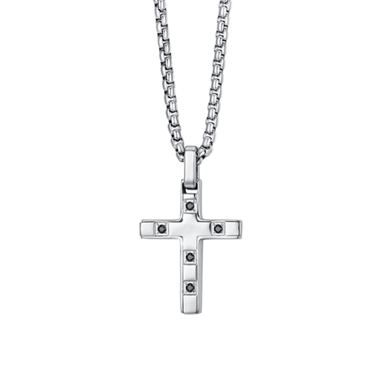 COLLAR CRUZ DE HOMBRE DE ACERO CON CRISTALES NEGROS