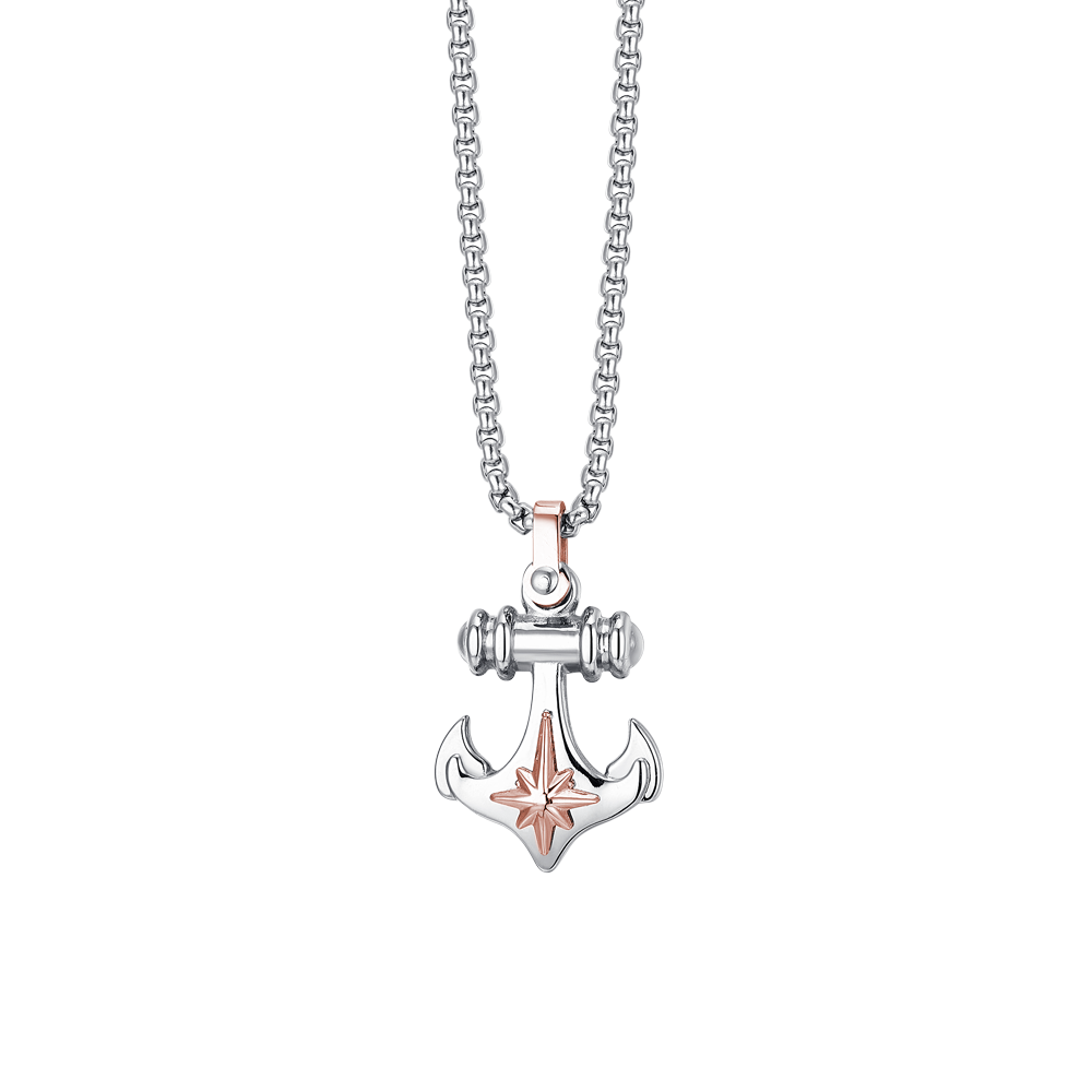 COLLAR MASCULINO DE ACERO CON ANCLA Y ROSA DE LOS VIENTOS