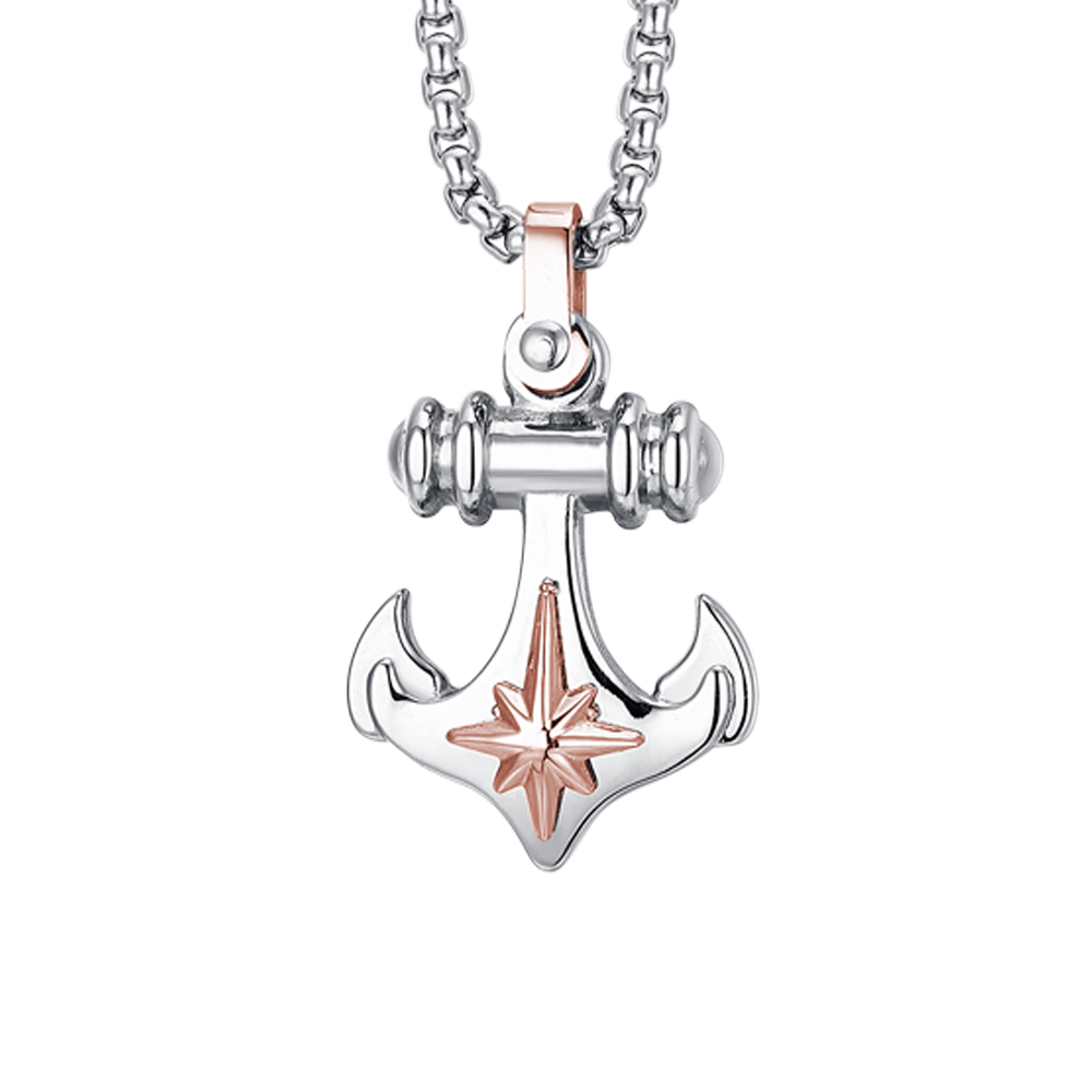 COLLAR MASCULINO DE ACERO CON ANCLA Y ROSA DE LOS VIENTOS