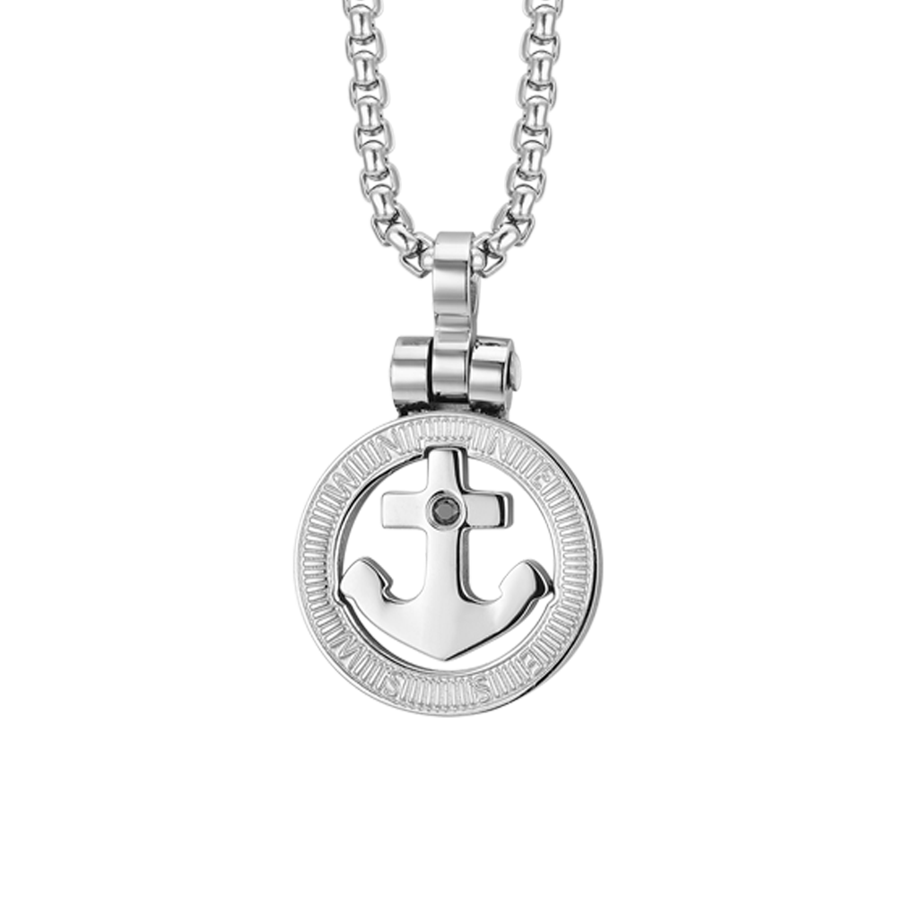 COLLAR DE HOMBRE CON ANCLA DE ACERO Y CRISTAL NEGRO