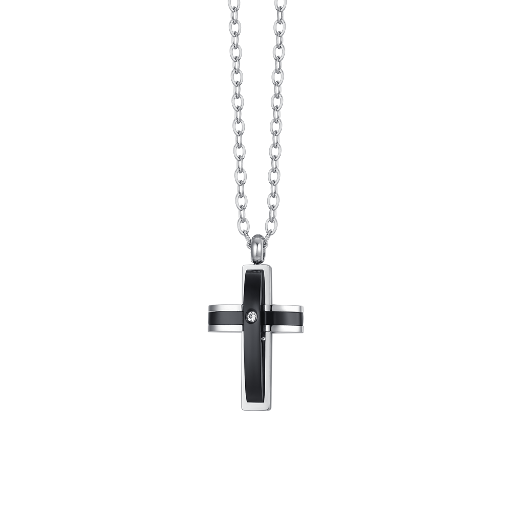HOMBRE COLLAR DE ACERO CRUZ IP NEGRO Y CIRCONIO CÚBICO