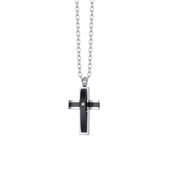 HOMBRE COLLAR DE ACERO CRUZ IP NEGRO Y CIRCONIO CÚBICO