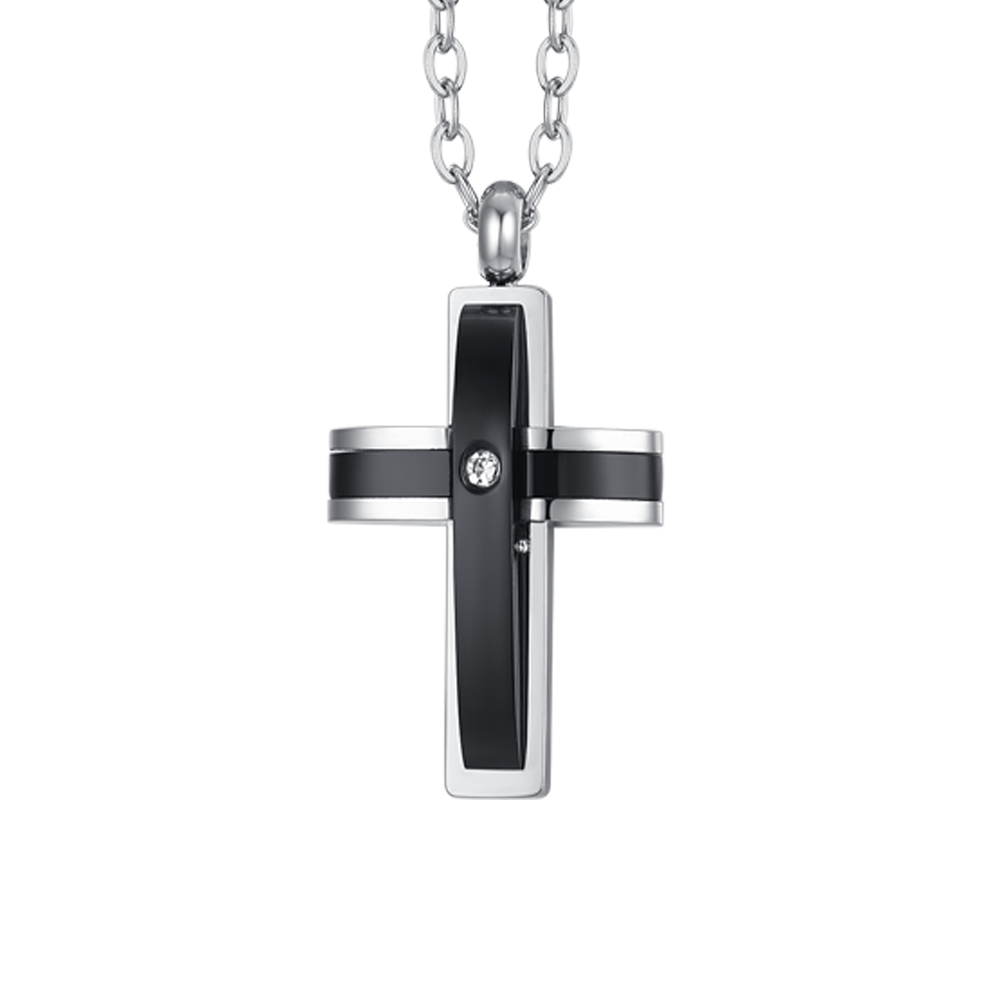 HOMBRE COLLAR DE ACERO CRUZ IP NEGRO Y CIRCONIO CÚBICO