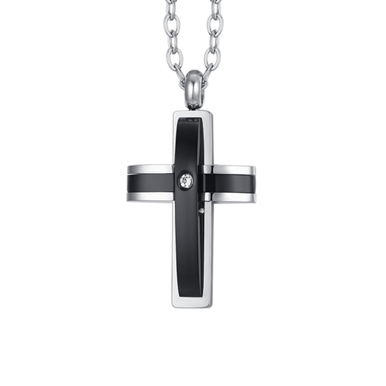 HOMBRE COLLAR DE ACERO CRUZ IP NEGRO Y CIRCONIO CÚBICO