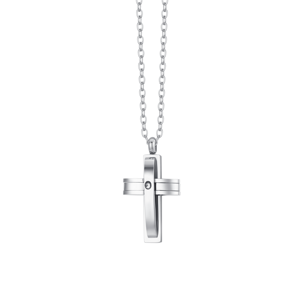 COLLAR DE ACERO CON CRUZ Y CIRCONITAS PARA HOMBRE