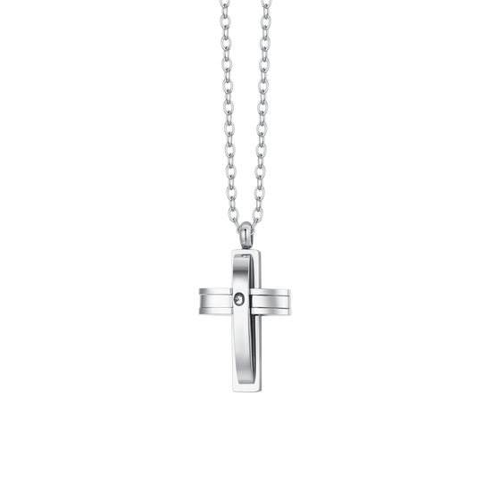 COLLAR DE ACERO CON CRUZ Y CIRCONITAS PARA HOMBRE