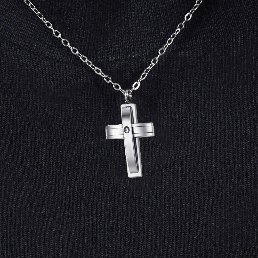 COLLAR DE ACERO CON CRUZ Y CIRCONITAS PARA HOMBRE