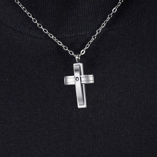 COLLAR DE ACERO CON CRUZ Y CIRCONITAS PARA HOMBRE