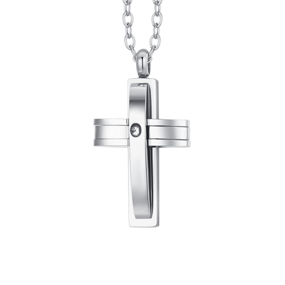 COLLAR DE ACERO CON CRUZ Y CIRCONITAS PARA HOMBRE