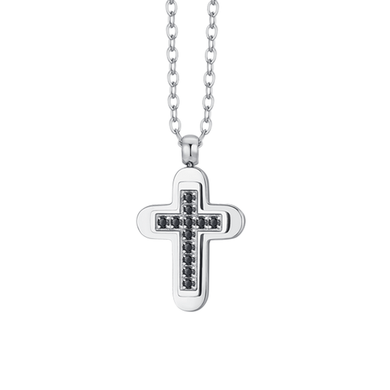 COLLAR DE HOMBRE CON CRUZ DE ACERO Y CIRCONITA NEGRA