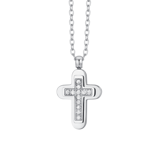 COLLAR DE HOMBRE CON CRUZ DE ACERO Y CIRCONITA BLANCA