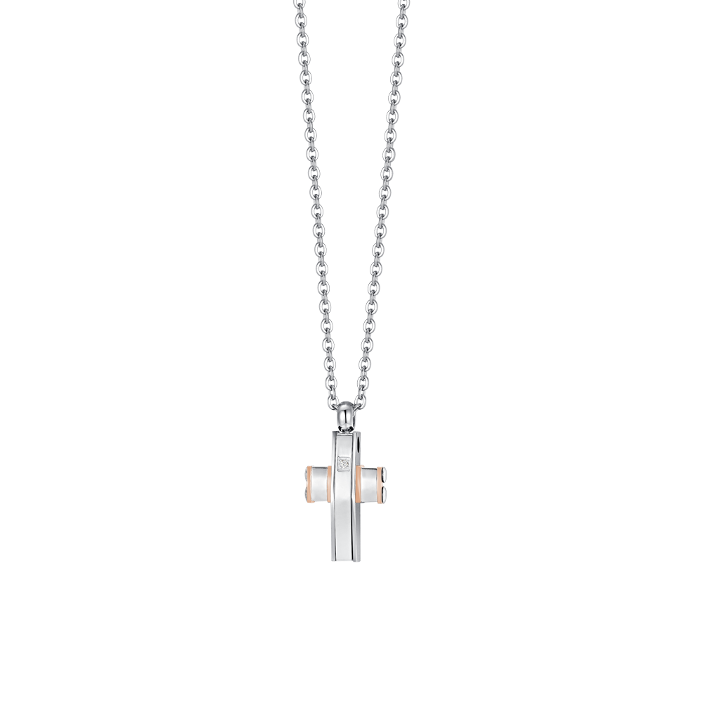 COLLAR DE HOMBRE DE ACERO CON CRUZ E IP DE ORO ROSA