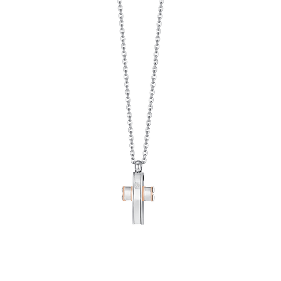 COLLAR DE HOMBRE DE ACERO CON CRUZ E IP DE ORO ROSA
