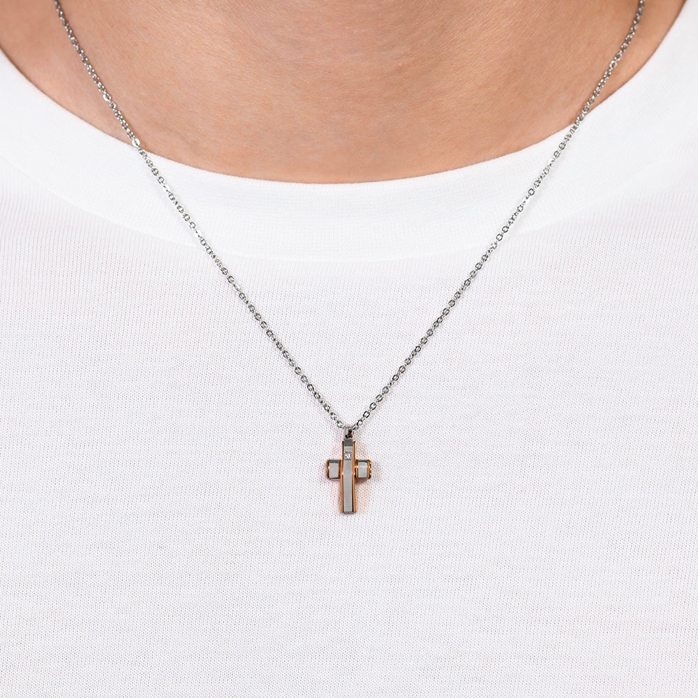 COLLAR DE HOMBRE DE ACERO CON CRUZ E IP DE ORO ROSA