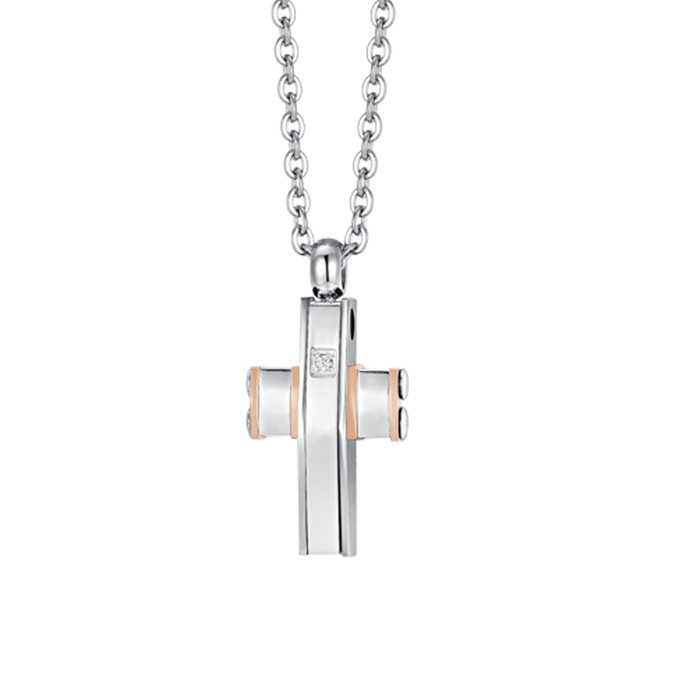 COLLAR DE HOMBRE DE ACERO CON CRUZ E IP DE ORO ROSA