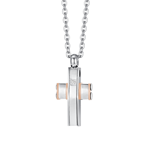COLLAR DE HOMBRE DE ACERO CON CRUZ E IP DE ORO ROSA