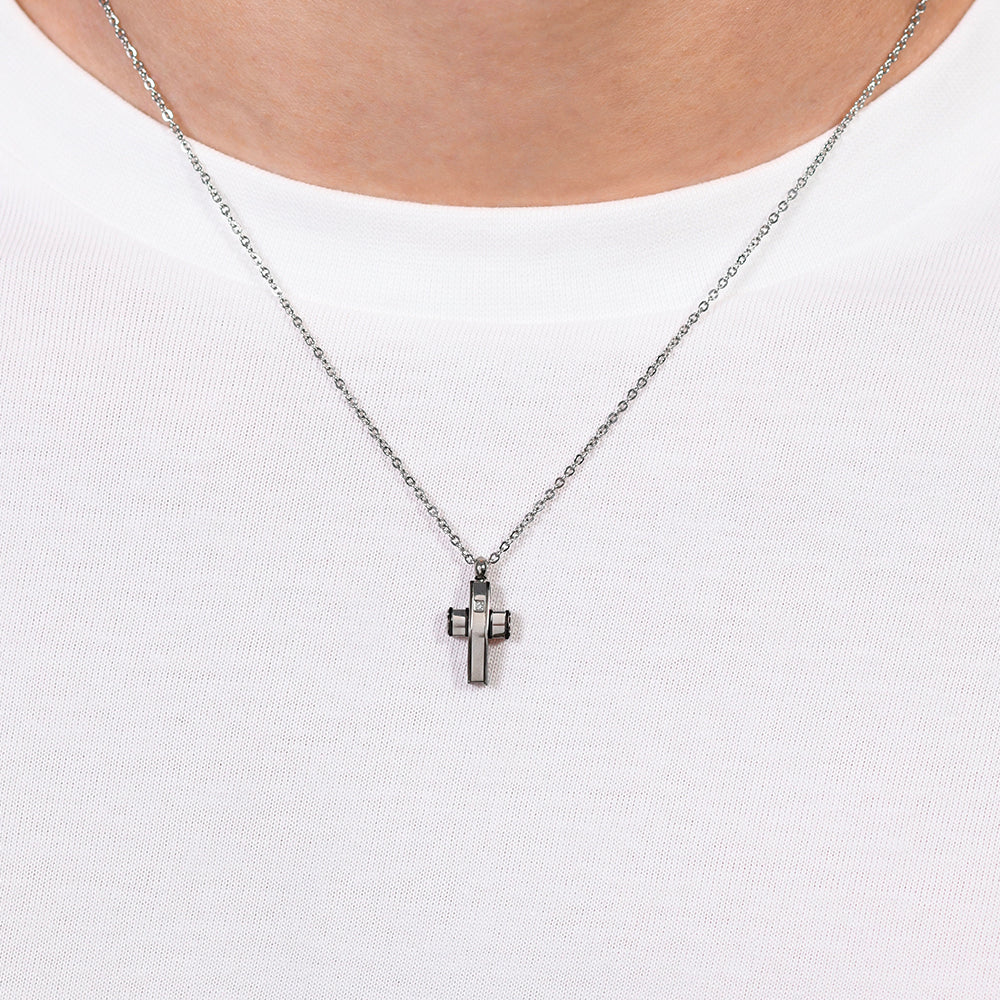 COLLAR HOMBRE ACERO CRUZ Y ACERO IP NEGRO