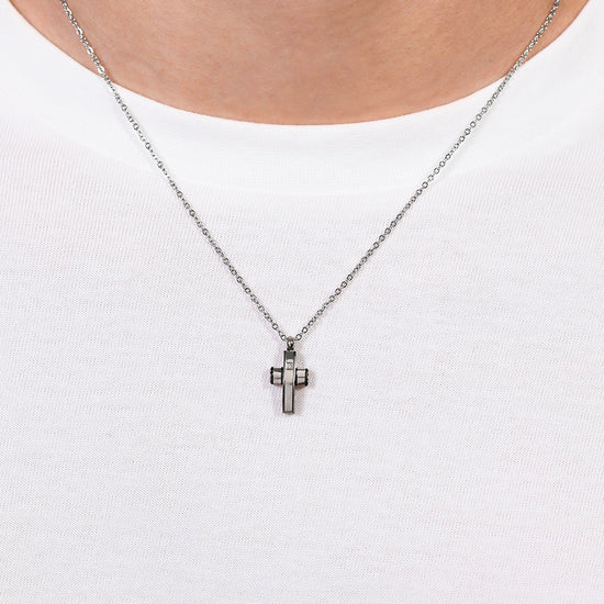 COLLAR HOMBRE ACERO CRUZ Y ACERO IP NEGRO