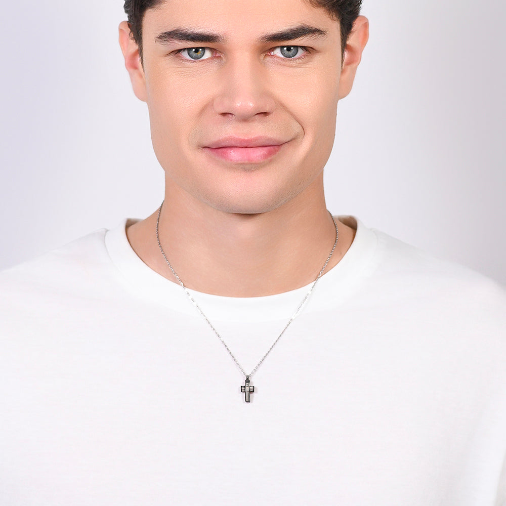 COLLAR HOMBRE ACERO CRUZ Y ACERO IP NEGRO