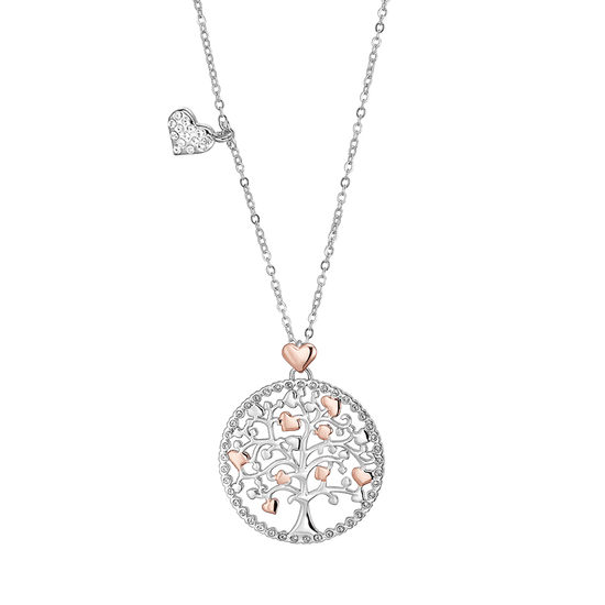 COLLAR DE ACERO PARA MUJER, ÁRBOL DE LA VIDA CON CORAZONES DE ROSA