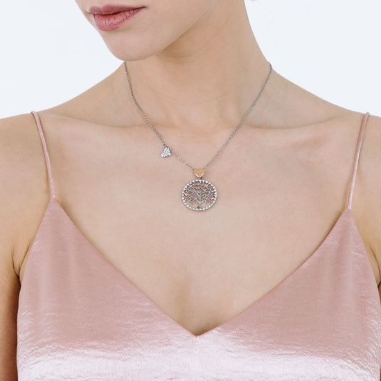 COLLAR DE ACERO PARA MUJER, ÁRBOL DE LA VIDA CON CORAZONES DE ROSA