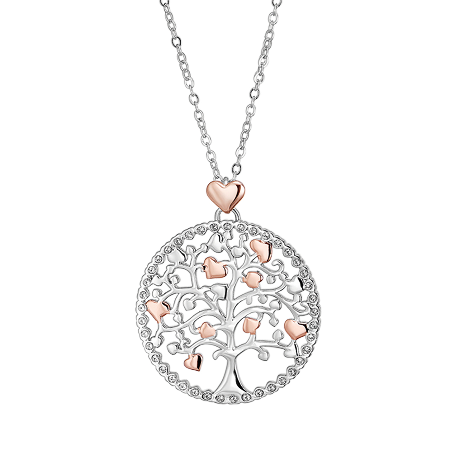 COLLAR DE ACERO PARA MUJER, ÁRBOL DE LA VIDA CON CORAZONES DE ROSA