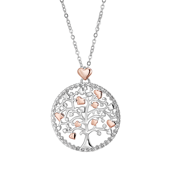 COLLAR DE ACERO PARA MUJER, ÁRBOL DE LA VIDA CON CORAZONES DE ROSA