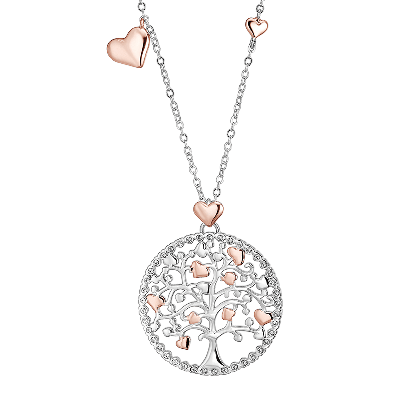 COLLAR LARGO DE ACERO DEL ÁRBOL DE LA VIDA PARA MUJERES CON ELEMENTOS DE ROSA