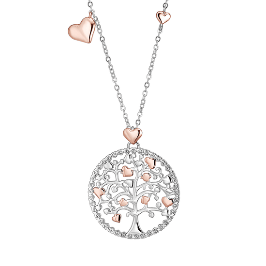 COLLAR LARGO DE ACERO DEL ÁRBOL DE LA VIDA PARA MUJERES CON ELEMENTOS DE ROSA