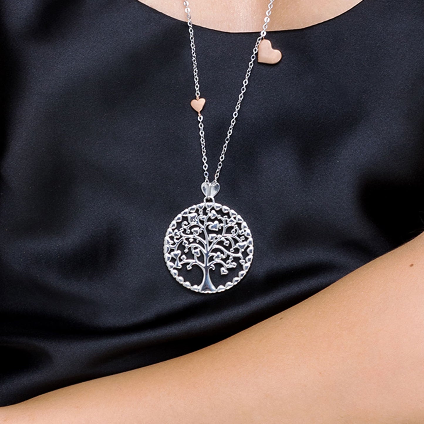 COLLAR LARGO DE ACERO DEL ÁRBOL DE LA VIDA PARA MUJERES CON ELEMENTOS DE ROSA