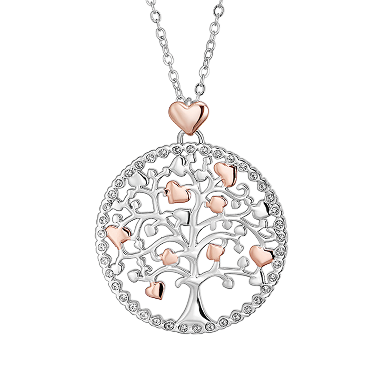 COLLAR LARGO DE ACERO DEL ÁRBOL DE LA VIDA PARA MUJERES CON ELEMENTOS DE ROSA