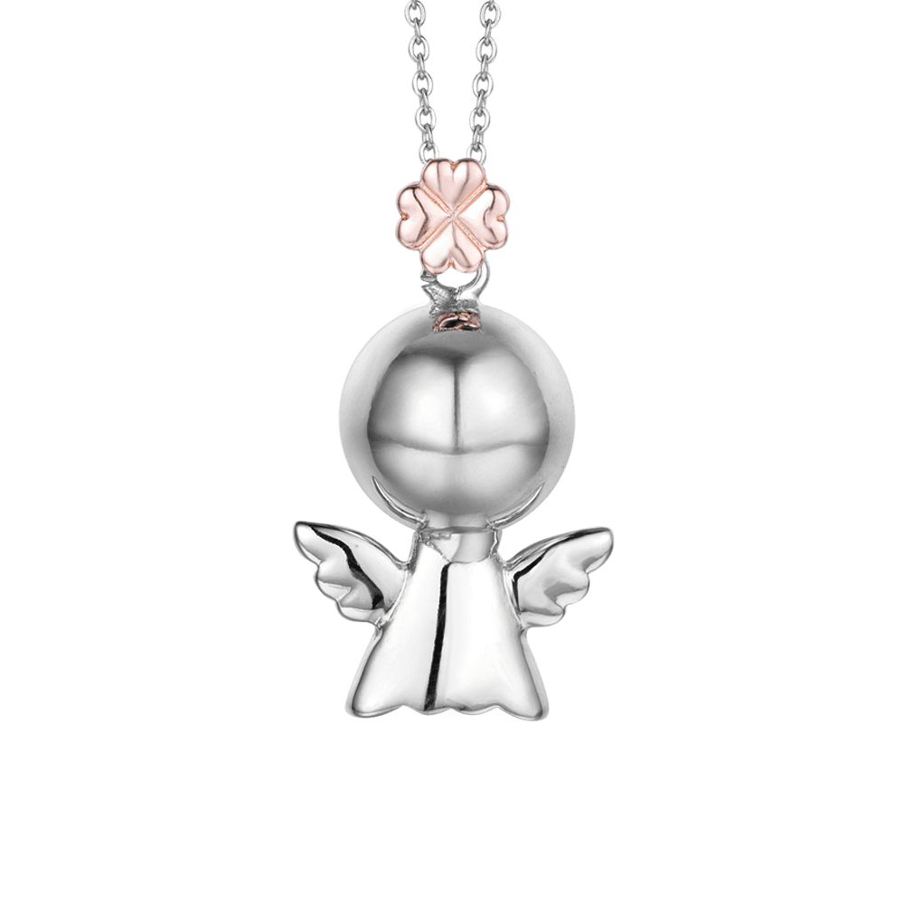 COLLAR DE LLAMADA DE ÁNGEL DE ACERO, ÁNGEL DE METAL CON TRÉBOL DE CUATRO HOJAS ROSA