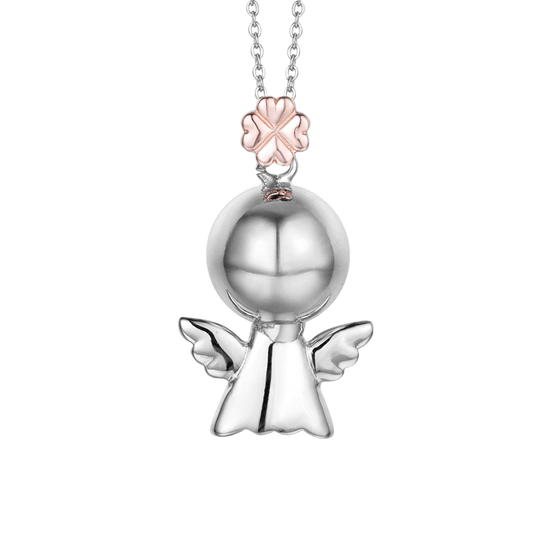 COLLAR DE LLAMADA DE ÁNGEL DE ACERO, ÁNGEL DE METAL CON TRÉBOL DE CUATRO HOJAS ROSA