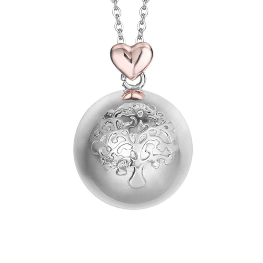 COLLAR DE LLAMADA DE ÁNGEL DE ACERO, ESFERA DE METAL CON ÁRBOL DE LA VIDA Y CORAZÓN