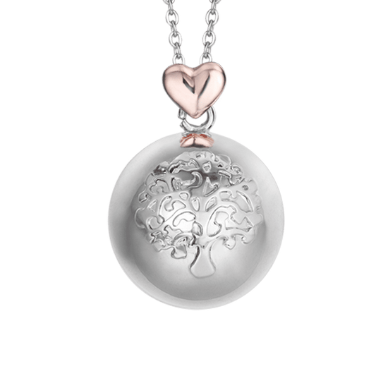 COLLAR DE LLAMADA DE ÁNGEL DE ACERO, ESFERA DE METAL CON ÁRBOL DE LA VIDA Y CORAZÓN