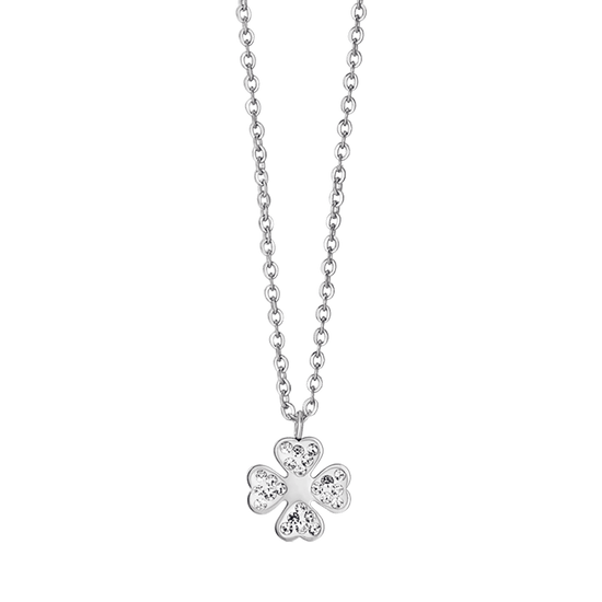 COLLAR DE ACERO PARA MUJER CON TRÉBOL DE CUATRO HOJAS Y CRISTALES BLANCOS