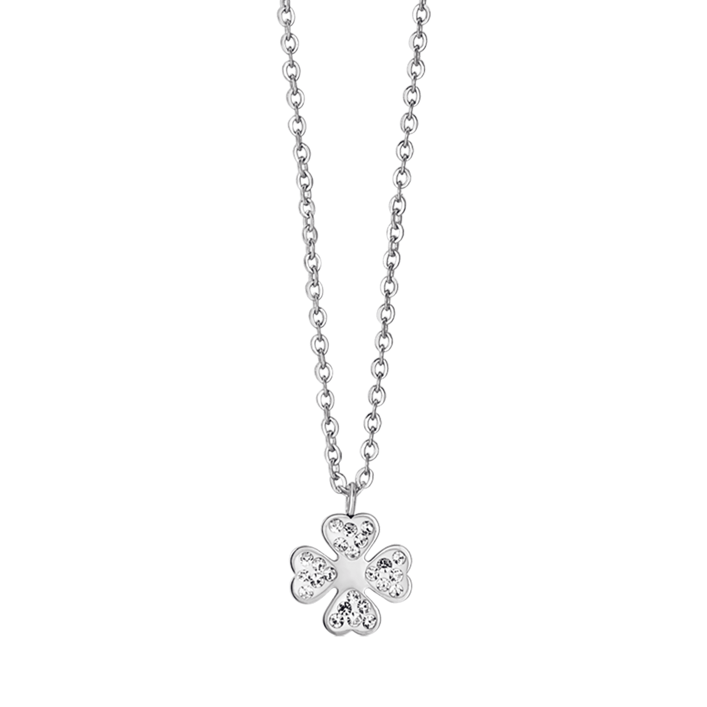 COLLAR DE ACERO PARA MUJER CON TRÉBOL DE CUATRO HOJAS Y CRISTALES BLANCOS