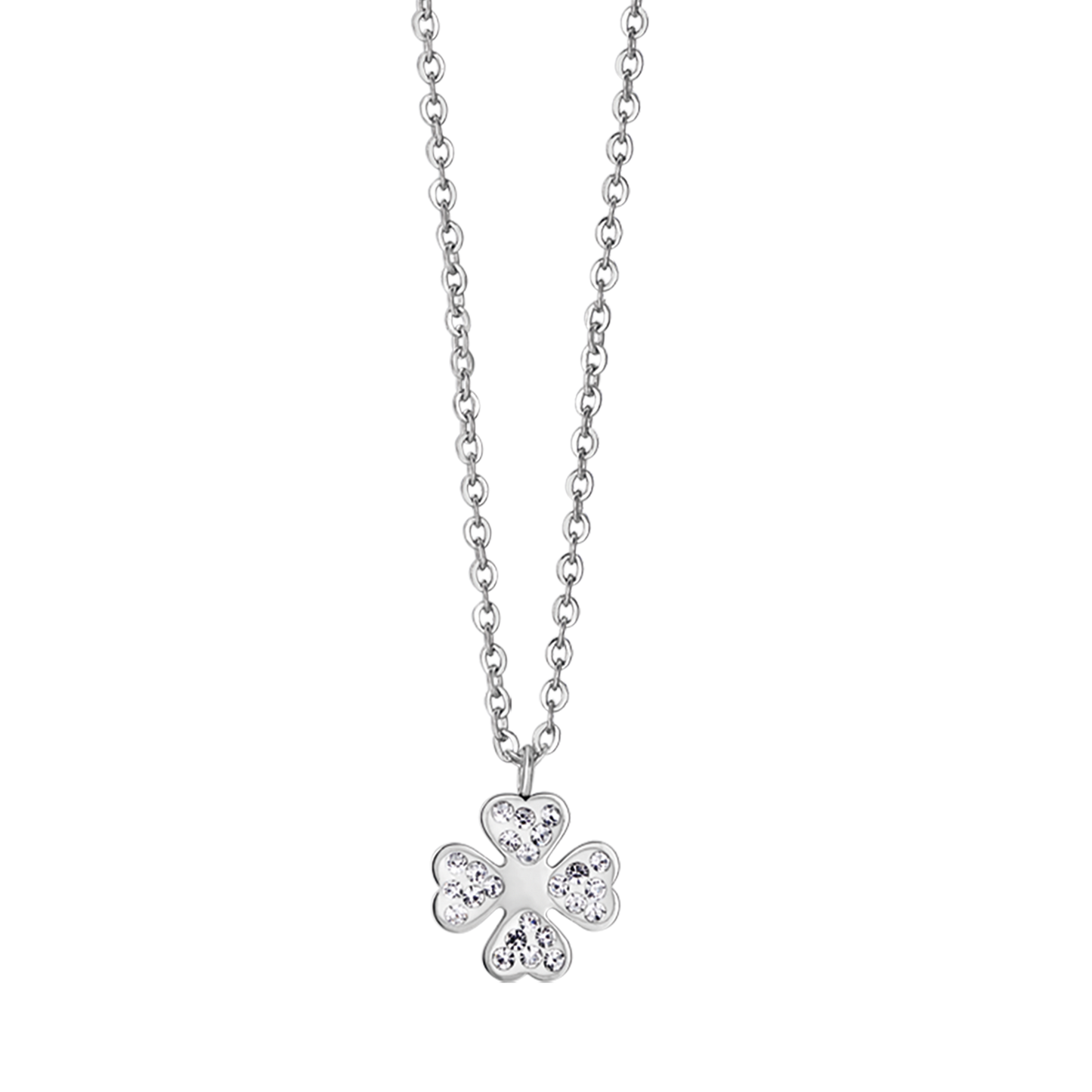COLLAR DE ACERO PARA MUJER CON TRÉBOL DE CUATRO HOJAS Y CRISTALES BLANCOS